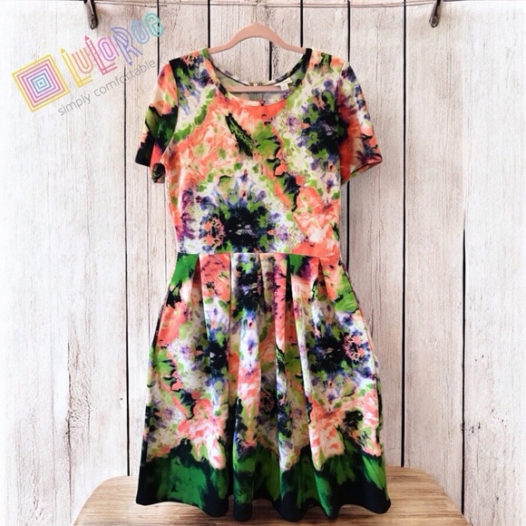 LuLaRoe Bright Tie Dye Watercolor Amelia Dress White Green Coral Black Neon XL 🦄 - Picture 1 of 5